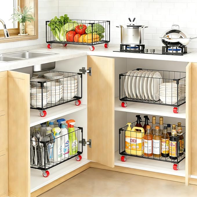 2Pack, Under Sink Organizer,Cabinet Organizers and Storage, Metal Storage Basket,Large capacity, Can Hold 40-70 Liters, Easily Push And Pull, Convenient For Cleaning Under Sink