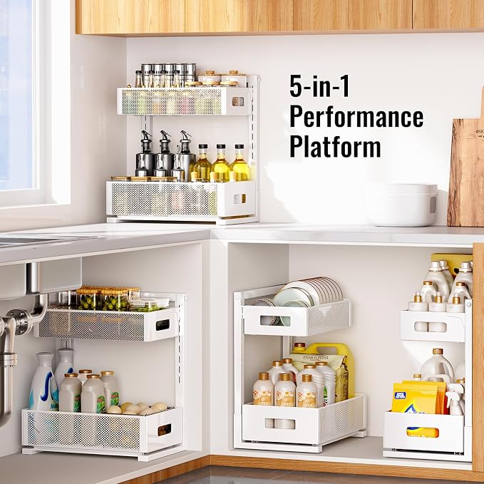 TISTAYA Under Sink Organizer, Bathroom Organizers and Storage, Cabinet Organizer Pottery Barn Furniture for Kitchen, Bathroom, Pantry, Laundry, Study, White，1XL, 2PCS