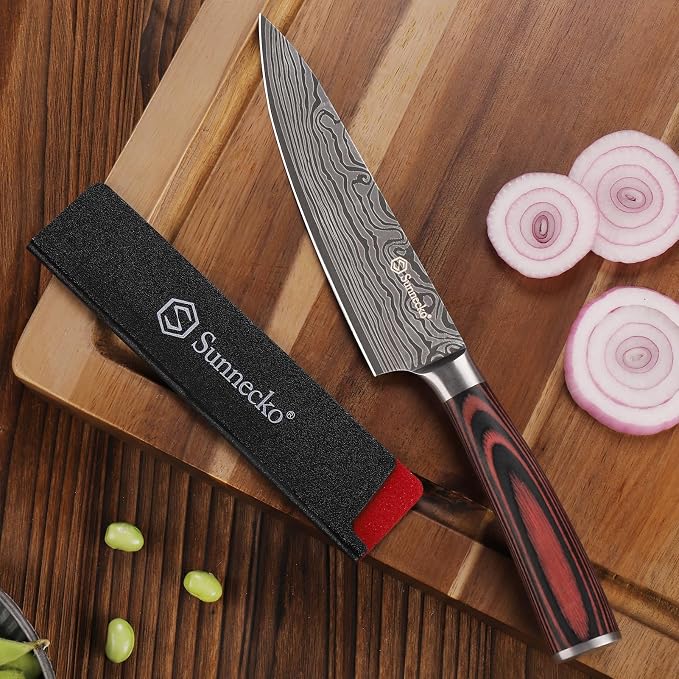 Sunnecko 5.5 Inch Small Chef Knife - Ultra Sharp 12-15 Degree Edge Kitchen Knife for Meat Vegetable Cutting Japanese Style with Sheath, High Carbon Stainless Steel Blade, Cooking Father Day Gift