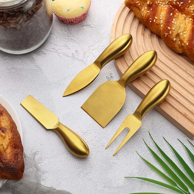 Patelai 4 Pcs Gold Cheese Knives Set Gold Knife Fork Slicer Butter Knife Spreader Stainless Steel Charcuterie Accessories for Kitchen Cooking Gift Gathering Wedding Birthday Party