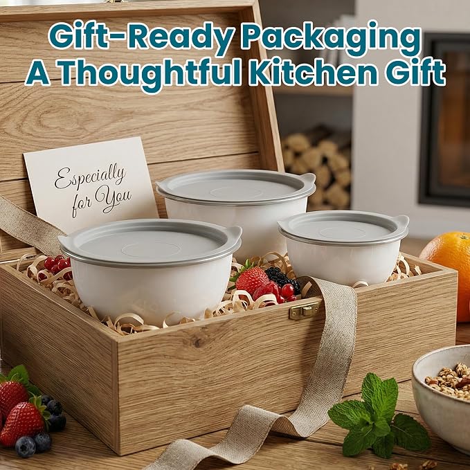Rorence Mixing Bowls Set with Lids, 18/8 Stainless Steel Mixing Bowls with Non-Slip Silicone Base & Measurement Marks, Airtight Food Storage for Baking, Cooking & Meal Prep,1.5QT/3QT/5QT/White
