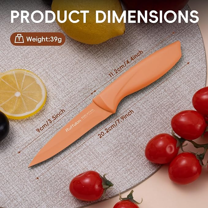 Paring Knife set of 4, 3.5-inch Orange Stainless Steel Peeler. | Straight blade with pointed tip design PP plastic ergonomic handle Specifically designed for cutting fruits and vegetables