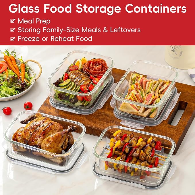 4 Pack 8 Cups/ 63oz Large Glass Storage Containers with Lids, Meal Prep Containers, Glass Food Storage with Airtight Lid for Baking, Leak Proof & Microwave, Oven Safe (4 Containers + 4 Lids)