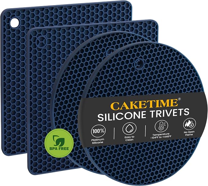 Trivets for Hot Dishes, Non-Slip Hot Pads for Kitchen Countertop Protector, 4-Pack Heat Resistant Silicone Trivets for Hot Pots and Pans Food Grade Silicone Navy Blue