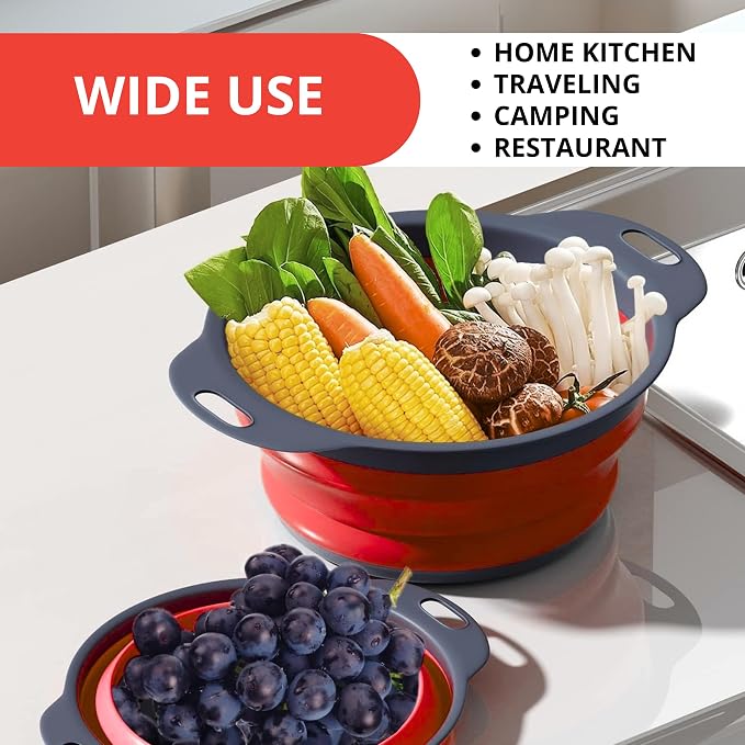 Set of 3 Red Food Strainer for Kitchen - Silicone Sieve Small Foldable Colander for Pasta and Spaghetti Multifunctional Silicone Collapsible Strainer for Camping