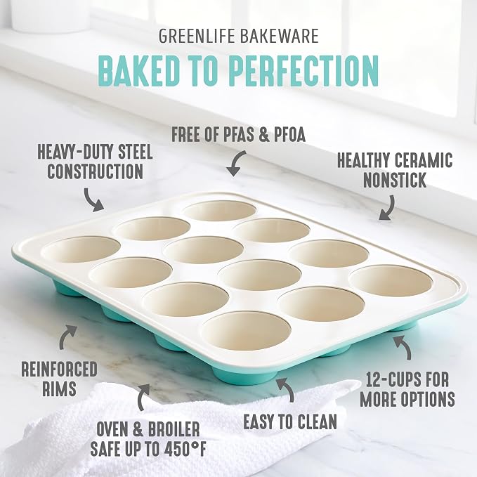 GreenLife 12 Cup Ceramic Nonstick Muffin Pan, Turquoise | 11.4" x 1.9" x 15.9", PFAS-Free Nonstick, Cupcake Tin, Easy Release, Even Heating, Wipe Clean, Heavy Duty, Warp Resistant