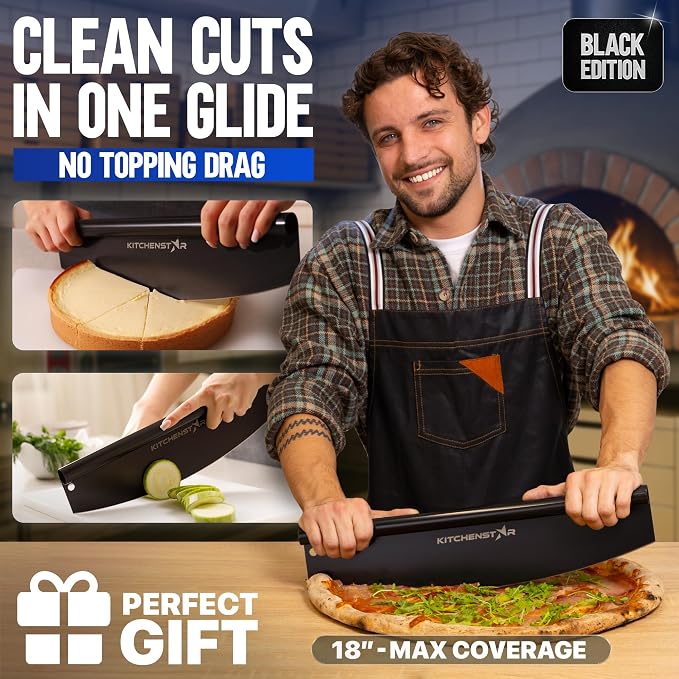 18-Inch Pizza Cutter Rocker Blade, 304 Stainless Steel Slicer Knife, Black | Protective cover included, one-piece design, food-grade stainless steel, suitable for extra large pizzas