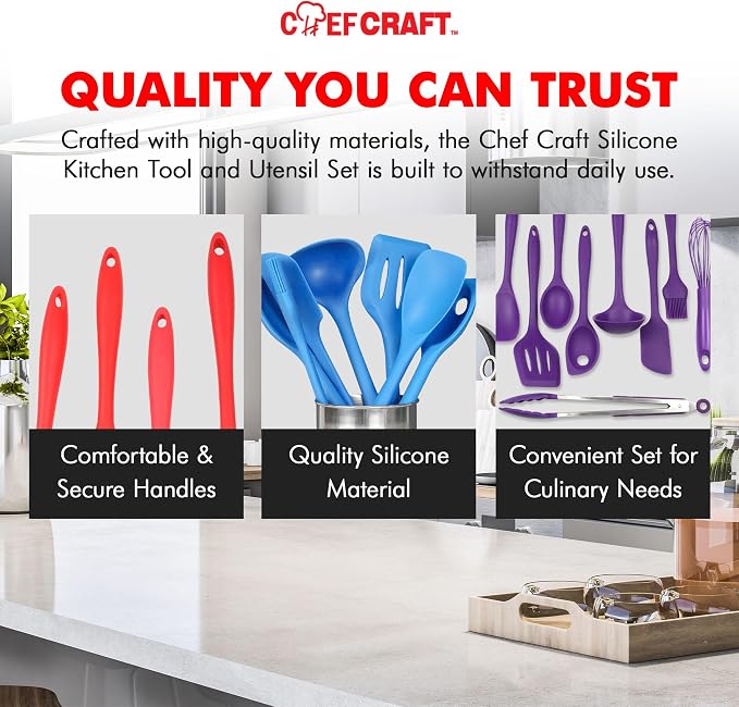 Chef Craft - Premium Silicone Kitchen Tools and Utensils Set, Non-Scratch, Withstands Temperatures up to 450°F, BPA-Free, 9 Piece Cooking Utensils Set, Pastel Blue