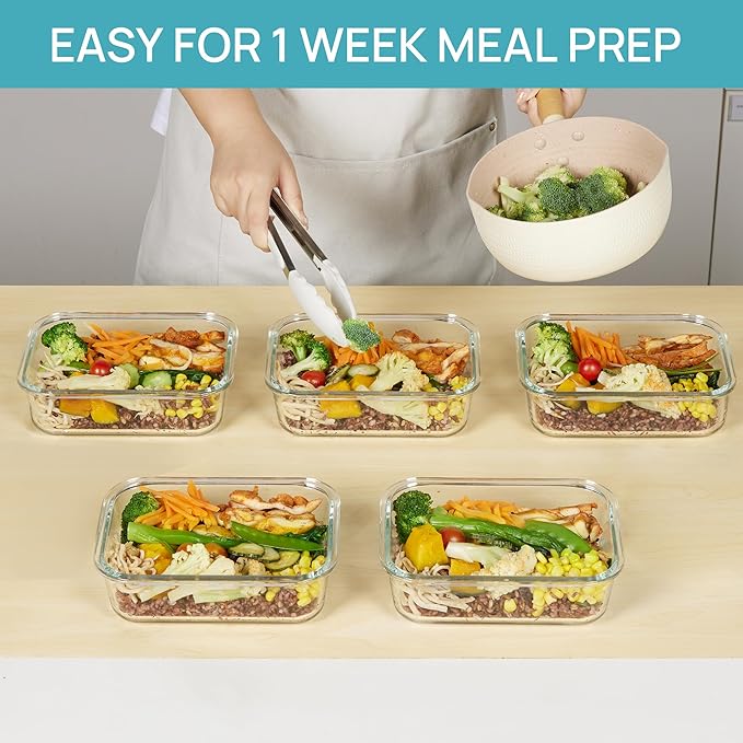 Vtopmart 5 Pack 35oz Glass Food Storage Containers with Lids, Grey | Meal Prep Containers, Airtight Reusable Lunch Container Set, Safe for Oven, Microwave, Freezer, and Dishwasher, BPA Free