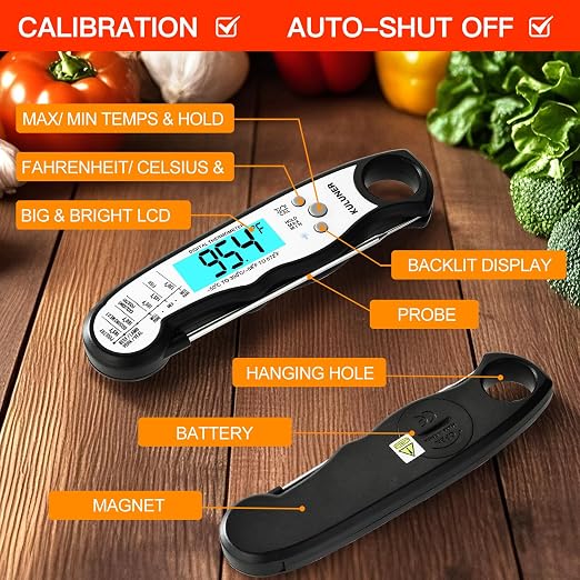 KULUNER Instant Read Food Thermometer, White Waterproof Digital Meat Thermometer with 4.6" Folding Probe, Backlight & Calibration, 2-3s Fast Reading for Kitchen Baking Grilling Cooking - White