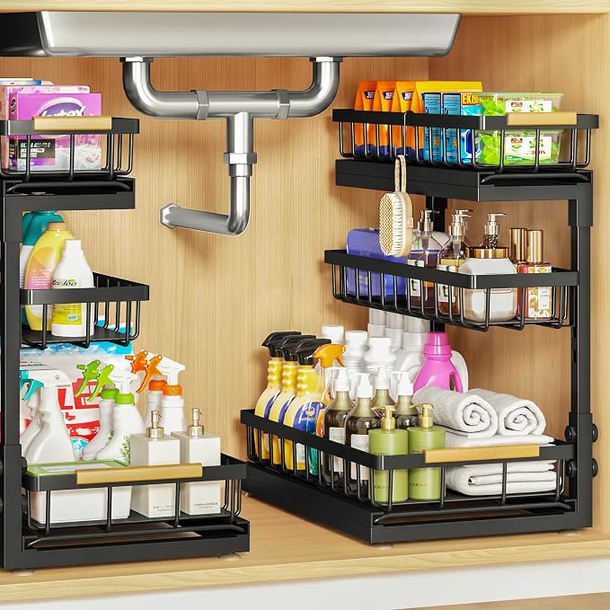 Under Sink Organizer and Storage for Bathroom and Kitchen - 2 Pack 3 Tier | Under Cabinet Pull Out Shelf Organizers - Slide Out Drawer Organization for Home Cabinets Shelves and Drawers