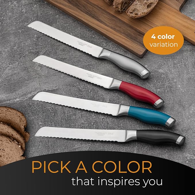 Orblue Serrated Bread Knife Ultra-Sharp Stainless Steel Professional Grade Bread Cutter - Cuts Thick Loaves Effortlessly - (8-Inch Blade with 4.9-Inch Handle), Red