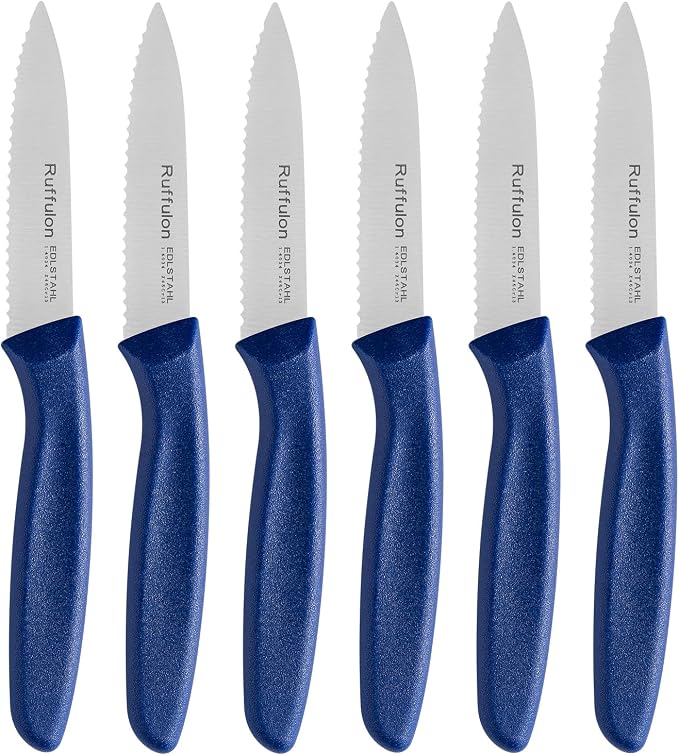 Stainless Steel Paring Knife With Serrated Blade, 6 Pieces Set Vegetable and Fruit Knife, Ultra Sharp Small Kitchen Knife, Blue Paring Knives with PP Plastic Ergonomic Handle.