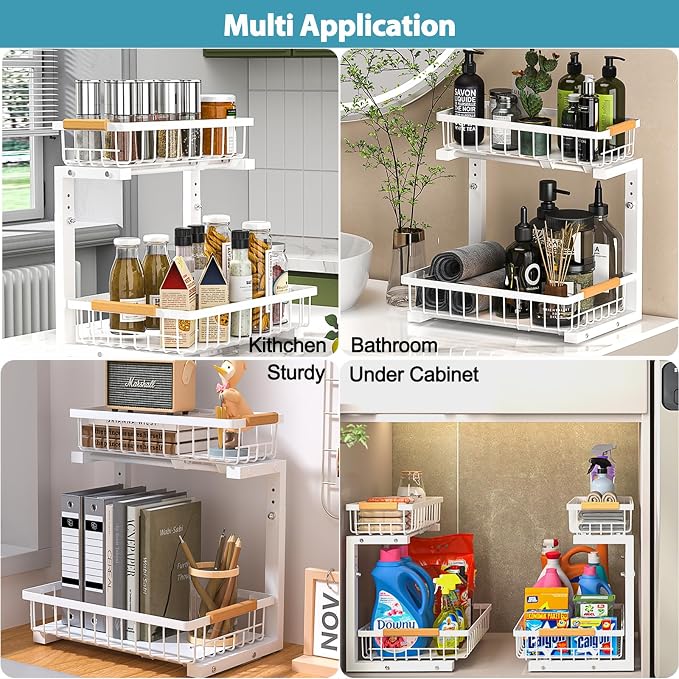 Liuoud Under Sink Organizer 2 Pack, 2 Tier Slide Out Large Capacity Height Adjustable Under Sink Organizers and Storage for Kitchen Bathroom Cabinet, White