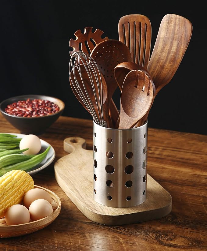Wooden Kitchen Utensils Set with Holder, NAYAHOSE 9 Pcs Teak Wood Spoons for Cooking Spatula Set with Stainless Steel Storage Barrel