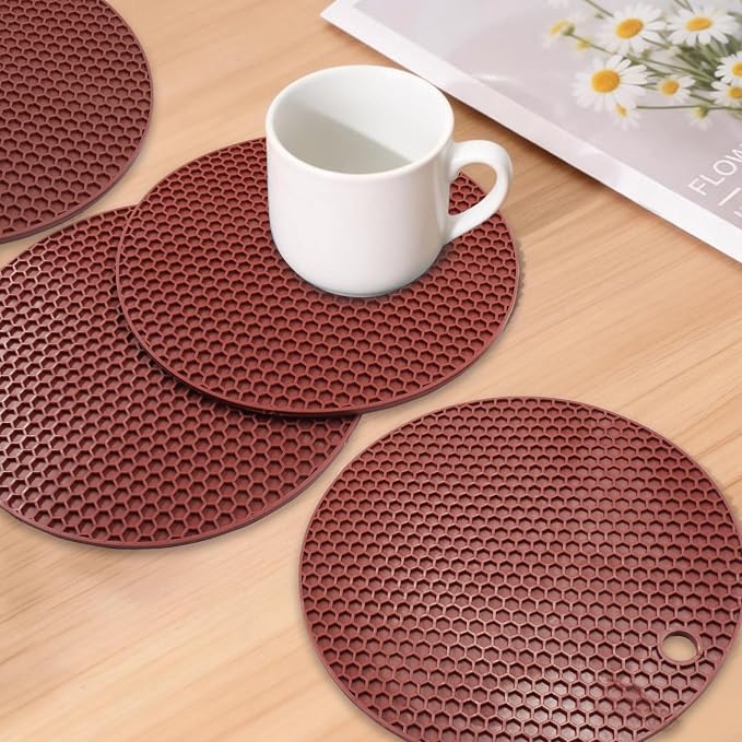 4 Pack Round Silicone Trivet Mats, Coffee | Heat Resistant Pad, For Pots, For Bowls, For Countertops