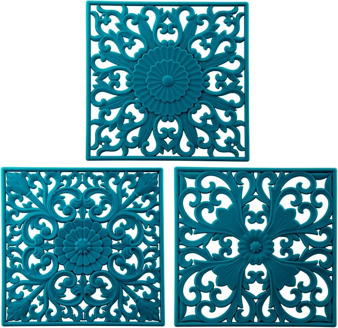 Silicone Trivets for Hot Dishes, Pots & Pans, Square Hot Pads for Kitchen Counter, Multi Function Trivet Mat for Table & Countertops, Durable Silicoen Pot Holders Mats Set of 3 Color Teal