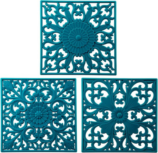 Silicone Trivets for Hot Dishes, Pots & Pans, Square Hot Pads for Kitchen Counter, Multi Function Trivet Mat for Table & Countertops, Durable Silicoen Pot Holders Mats Set of 3 Color Teal