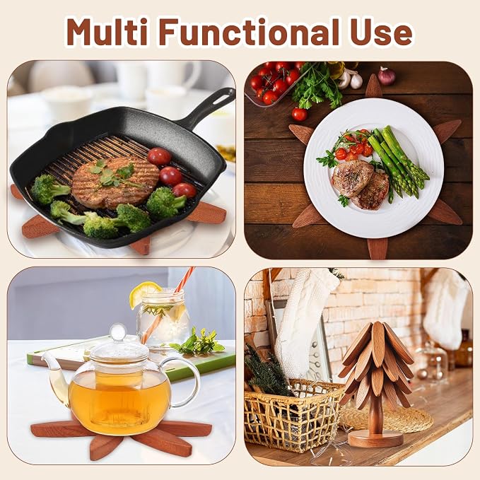 Wooden Tree Trivet Set - 4 Heat-Resistant Sapele Wood Trivets with Stand for Hot Pots and Pans, Kitchen Countertop Protection, Christmas Tree Design Wooden Pot Holders