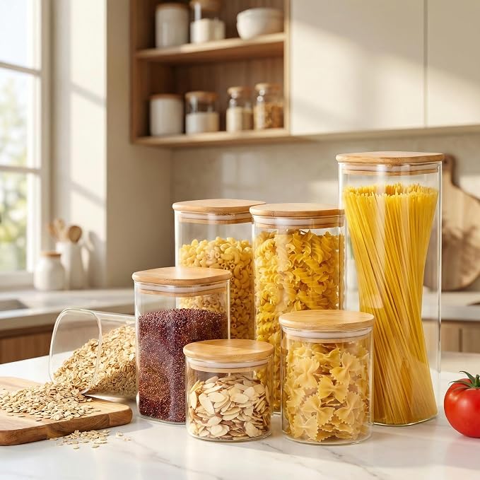 HomArtist Square Glass Jars with Bamboo Lids [Muti Size Set of 5], Glass Canisters with Airtight Lids, Glass Food Storage Containers for Pasta, Cereal, Flour, Sugar, Best for Kitchen & Pantry | 79oz/53oz/27oz Airtight Jars for Pantry & Kitchen, Durable...