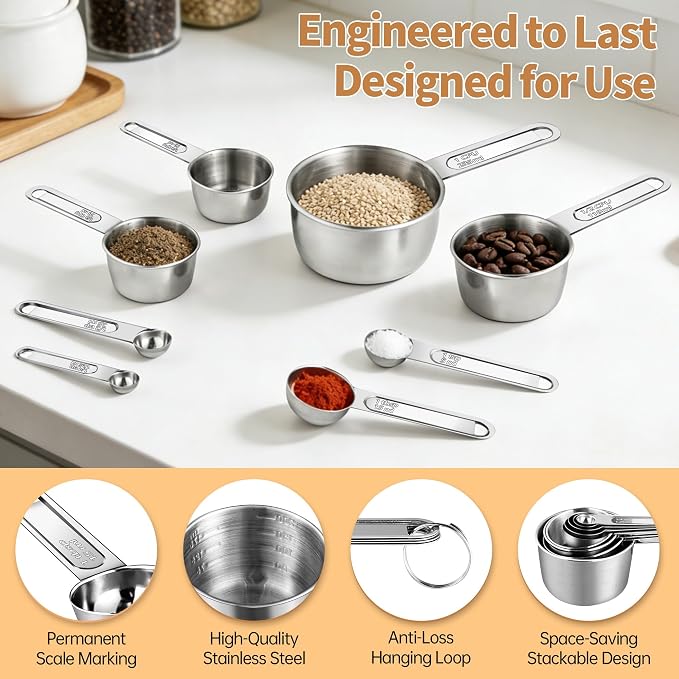 YC Kitchen Measuring Cups and Spoons Set, 8-Piece, Stainless Steel | Metal Handles, Stackable Design, for Dry and Liquid Ingredients - Dishwasher Safe for Cooking & Baking