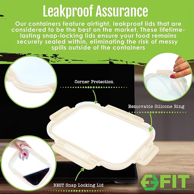 Glass Meal Prep Containers 2 & 3 Compartments Leak-Proof Lids 32 oz 4 Pack | Bento Box Lunch Containers, Food Storage, Portion Control, Airtight Lids, Microwave Oven Freezer Dishwasher Safe, Beige