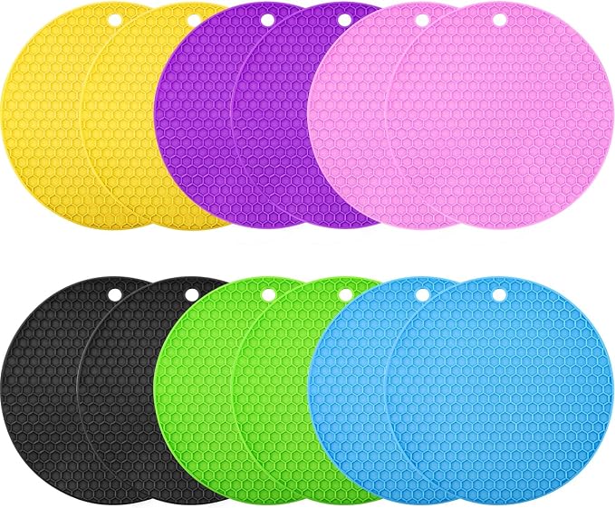 Boao 12 Pack Silicone Trivets Mat, Hot Pad Mat, Pot Holder, Silicone Hot Pad for Kitchen Counter (Black,Yellow,Purple,Green,Red,Blue)