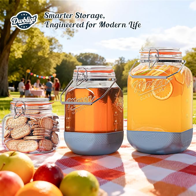 Square 1.5 Gallon Glass Jar with Airtight Lid & Handle, 2 Pack | Large Mason Jars Wide Mouth with Hinged Lid, Glass Storage Containers w Non-slip Base for Pantry, Laundry Room, Flour, Rice
