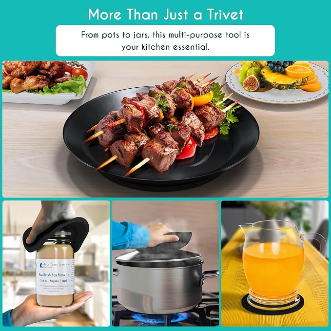 4 Pcs Thick Trivets for Hot Dishes, Non Slip Hot Pot Holders, Kitchen Heat Resistant Silicone Pad, Extra Thick, Large. (Black)
