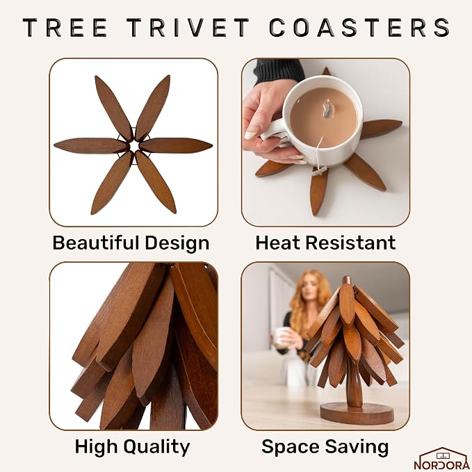 Wooden Trivets for Hot Dishes – Tree Trivet Set with 4 Foldable Wooden Trivets & 1 Stand, Heat-Resistant, Space-Saving Trivet Tree for Pots, Bowls & Teapots (Walnut)
