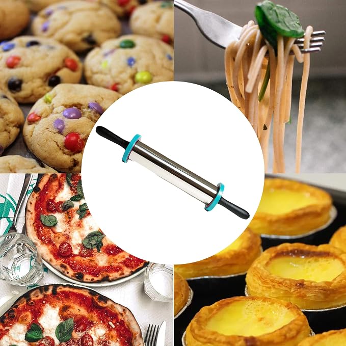 Rolling Pin Set - Adjustable Rolling Pin with Thickness Rings and Silicone Baking Mat 24"x 16", Stainless Steel Dough Roller Baking Supplies for Pizza Pastry Fondant Pie Pasta(19inch)