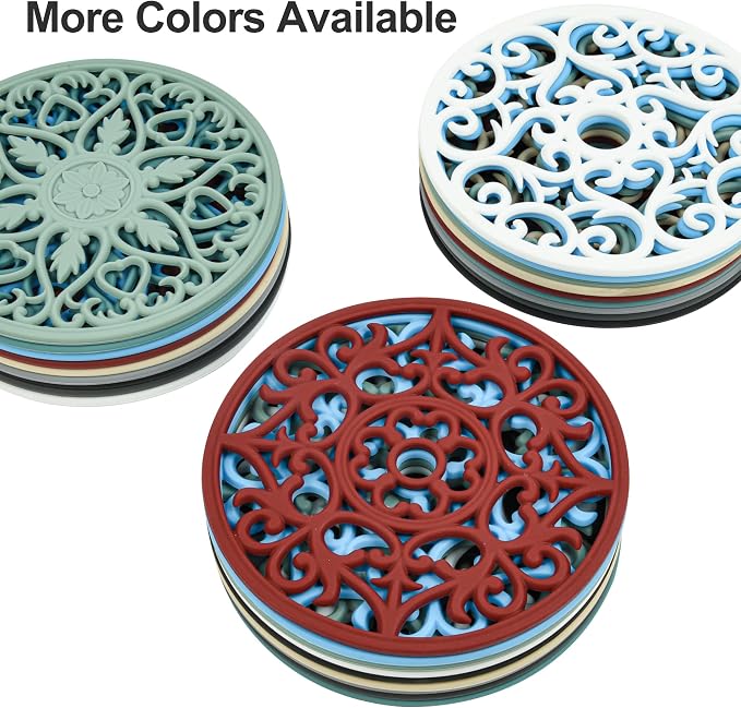 Silicone Trivet Mat, Heat Mat for Hot Pots and Pans, Multi-Use Intricately Carved Hot Pads and Mats, Flexible Modern Kitchen Table Mat, Heat Resistant Round Big Coaster Set of 3 Burgundy