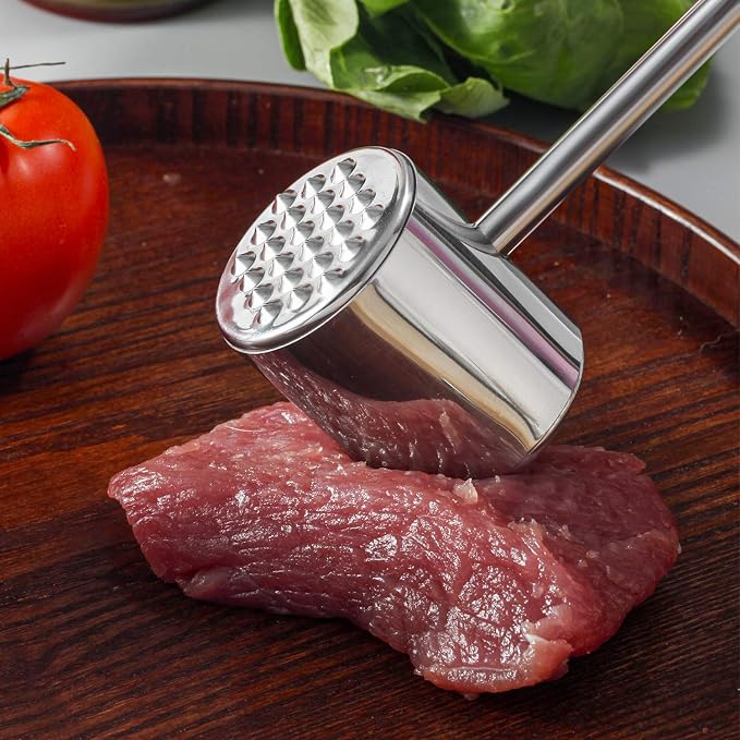 Meat Tenderizer Tool - Dual Sided Stainless Steel Mallet Hammer with Ergonomic Handle for Tenderizing & Flattening Meats