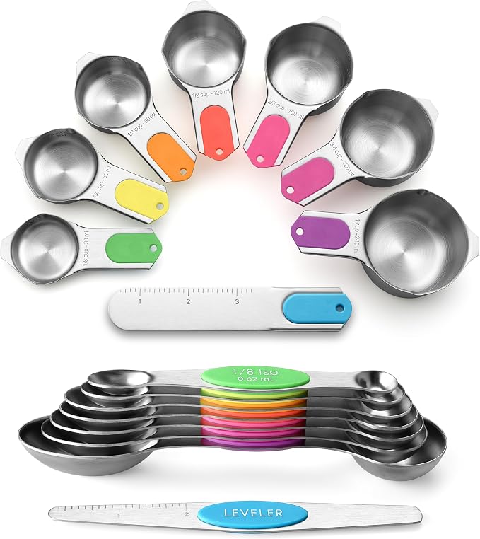 Spring Chef Magnetic Measuring Cups & Spoons Set of 16, Patented, Neon | Stackable Stainless Steel Measuring Cups & Heavy Duty Metal Measuring Spoons with Levelers for Dry & Liquid Ingredients