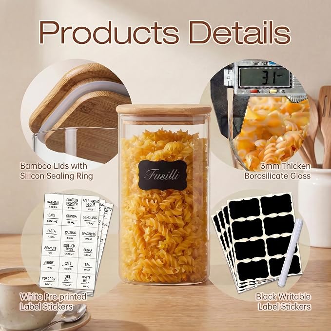 42 oz Square Glass Food Storage Containers with Airtight Bamboo Lids, 4Pack | Pantry Jars for Flour, Sugar, Pasta & Spices, Durable Borosilicate Glass Canister Keep Food Dry & Fresh, Easy to Fill & Clean