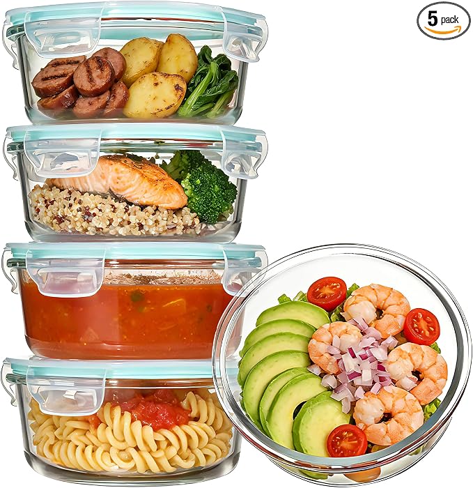 Vtopmart 5Pack 22oz Glass Storage Containers with Lids, Green, Round | Glass Meal Prep Food Container Sets, Snap Airtight Lid, For Microwave, Oven, Freezer and Dishwasher, BPA Free