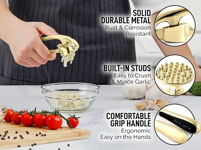 Zulay Kitchen Premium Garlic Press with Soft, Easy to Squeeze Handle - Includes Silicone Garlic Peeler & Cleaning Brush - 3 Piece Garlic Mincer Tool - Sturdy Easy to Clean Garlic Crusher (Gold)