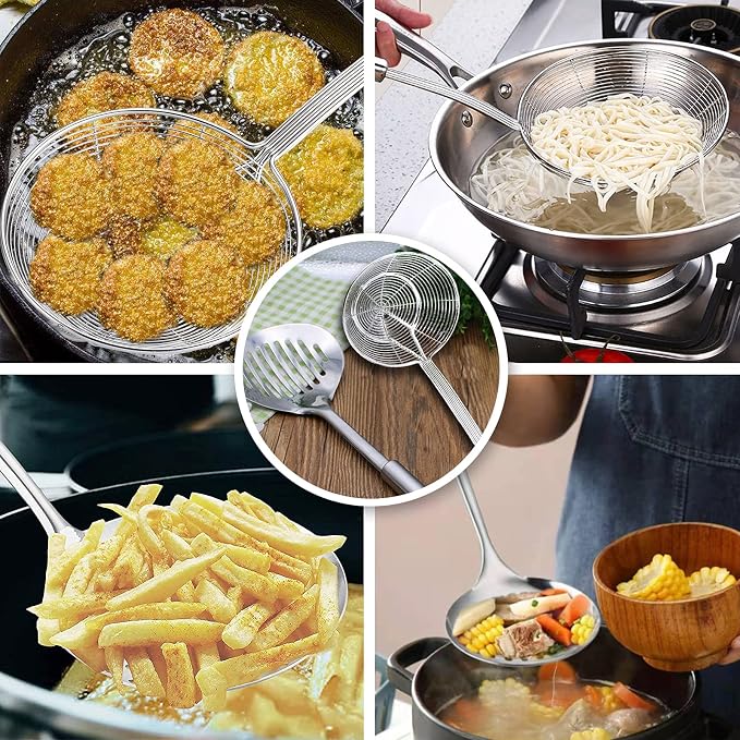 Multi Kitchen Utensil Stainless Steel Cooking Skimmer Slotted Fish Turner Spatula Spoon Colander Drain Water Filter Spoon Ladle Spider Strainer Skimmer Ladle for Cooking &Frying (2pcs)