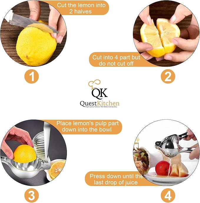 Lemon Squeezer Stainless Steel Quest Kitchen - Manual Juicer Press - for Limes - Lemons - and Small Oranges - Pure and Organic Juicer Extractor - Easy to Clean and Use - Commercial grade quality