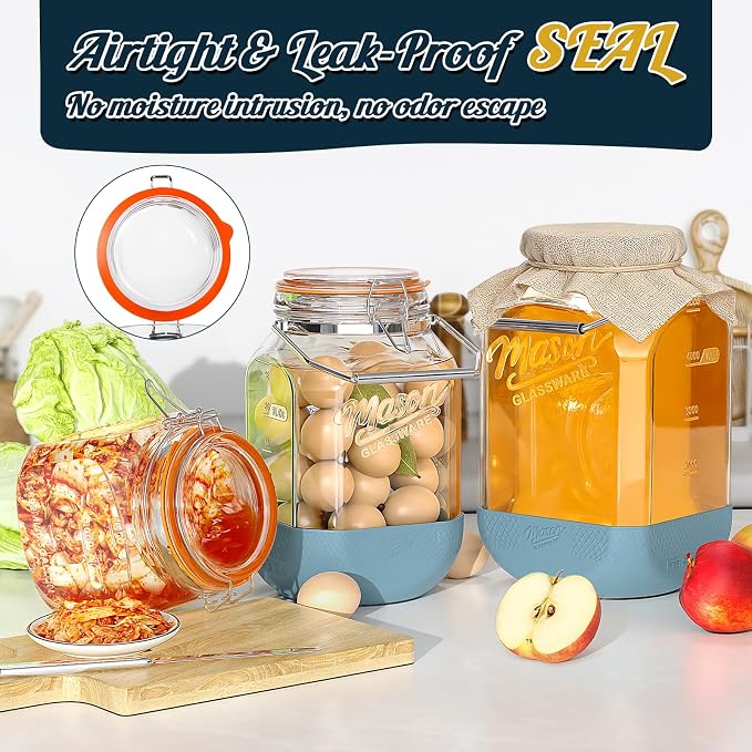 Square 1.5 Gallon Glass Jar with Airtight Lid & Handle, 2 Pack | Large Mason Jars Wide Mouth with Hinged Lid, Glass Storage Containers w Non-slip Base for Pantry, Laundry Room, Flour, Rice
