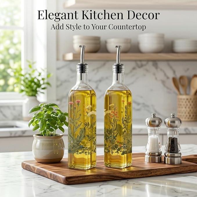 Topadorn Decorative Olive Oil Dispenser Set, 2 Pack 17oz Glass Oil & Vinegar Bottles with Pour Spouts, Kitchen Countertop Cruets for Cooking & Serving