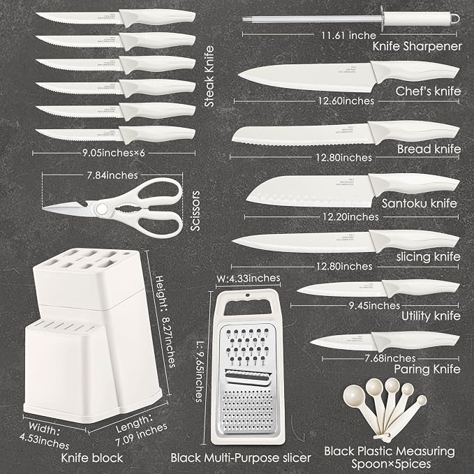 HaWare Knife Set, 21 Pieces Stainless Steel Kitchen Knife Block Set, White Chef Knife Sets with Measuring Spoon & Slicer for Home, 6 Steak Kinves, Sharp Blade & Light Weight Cutlery, Ergonomic Handle
