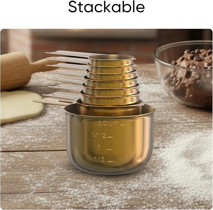 Color Up Measuring Cup Set, 8 Piece – Includes 2 Cup, Gold Finish, Stainless Steel, Accurate for Wet & Dry Ingredients, Embossed Markings, Easy-Pour Spouts, Dishwasher-Safe, Kitchen Essential