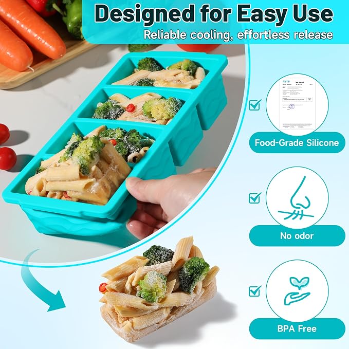 3-Pack Silicone Freezer Trays with Lid, Soup Freezer Container Molds, Silicone Freezer Molds, Ice Cube Tray for freezing Soup Sauce Broth Leftovers, Dishwasher & Oven Safe, BPA Free (1-cup,blue)