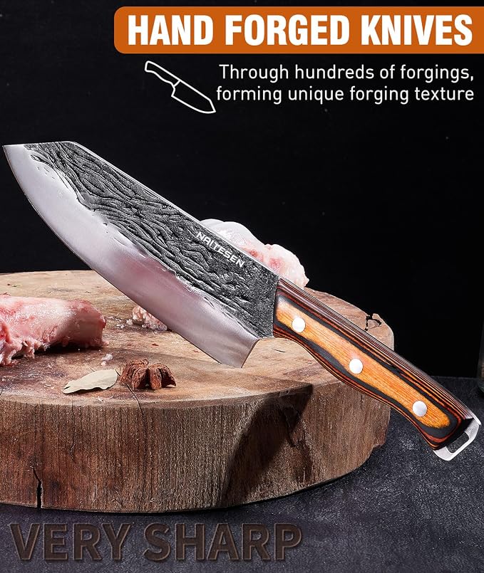 Naitesen 7PCS Butcher Knife and Kitchen Knife with Roll Bag | Hand Forged Heavy Duty Meat Cleaver Serbian Chef Knife Breaking Knife Boning Knife for Meat Cutting BBQ Gifts for Men Women