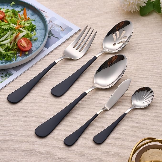 10 Pieces Black Serving Set, 18/0 Stainless Steel Hostess Set, Slotted Serving Spoon, Salad Serving Spoon/Fork, Butter Knife, Two Color Combinations, Dishwasher Safe