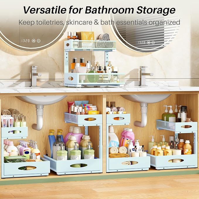 Under Sink Organizer, 1-Pack Pull Out Cabinet Organizer 2 Tier Metal Slide Out Storage Shelf Rack, L-Shaped Adjustable Height,Mesh Sliding Drawer for Kitchen, Bathroom, Laundry, Pantry, Blue, XL