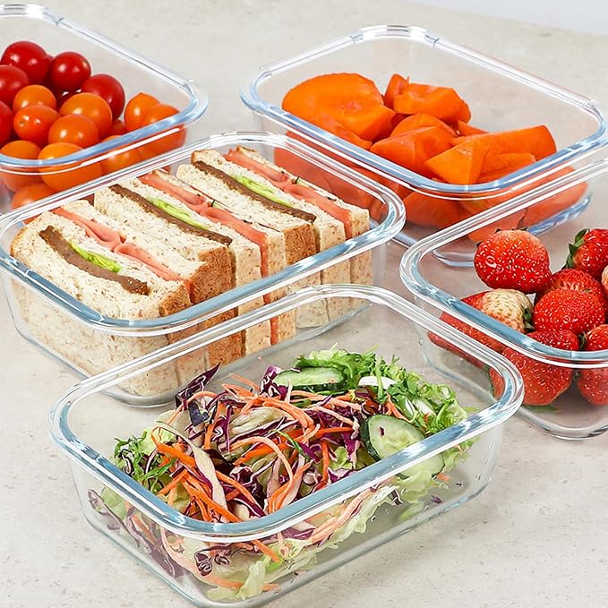 30 oz 5 Pack Glass Meal Prep Containers with Lids, Gray | Glass Food Storage Containers with Lids, Airtight Lunch Box, BPA-Free, Dishwasher, Microwave, Oven and Freezer Safe