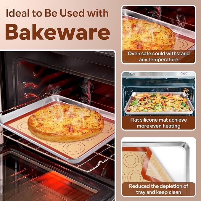 P&P CHEF 15 Inch Silicone Baking Mat, 2Pcs Non-stick Silicone Oven Mats | Reusable Baking Supplies for Macaroon Pastry Bread Dough Cookie Pizza, Good for Roasting Kneading, Fit Well with Sheet Pan