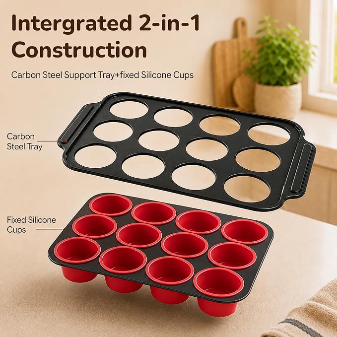 2 Pack Silicone Muffin Pans for Baking, 12-Cup Muffin Tin with Metal Frame | 2 Pack value, 12-Cup muffin pans, Reinforced metal frame, Easy release cups, Nonstick silicone, Oven & dishwasher safe